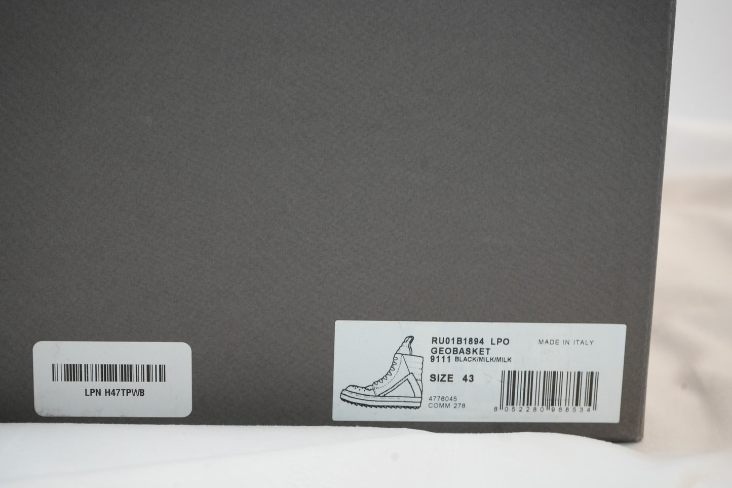 RICK OWENS GEOBASKET BLACK/MILK size 43 (US10 M)